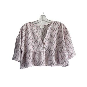 HERSY White Cherry Print Seersucker Peplum Blouse V-Neck Cotton Top HT0037 Small